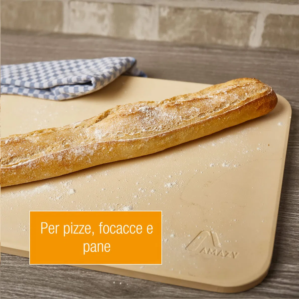 Amazy Pietra refrattaria per pizza da forno, incl. Pala in bambù, Carta da forno riutilizzabile e Ricettario –Pietra pizza dal sapore italiano (38x30x1,5cm)