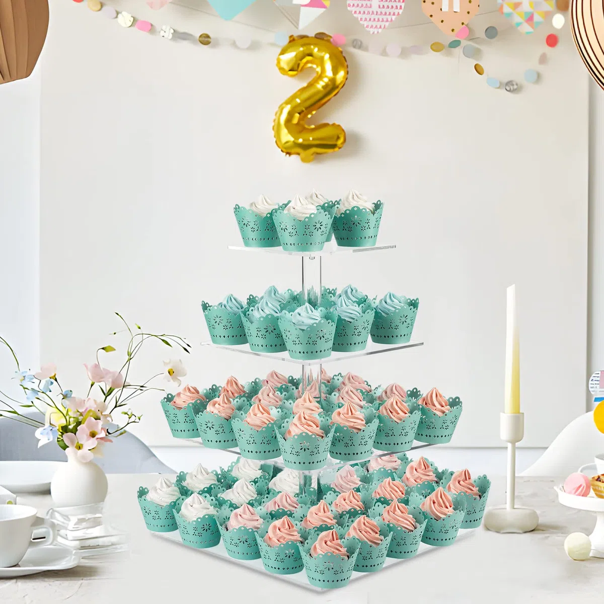CECOLIC Alzata per Cupcake a 4 Livelli Porta Cupcake Quadrato in Acrilico Trasparente Espositore per Torte Torre per Dessert per Decorazioni per Feste di Compleanno di Matrimoni (Quadrato - 30,5 cm)