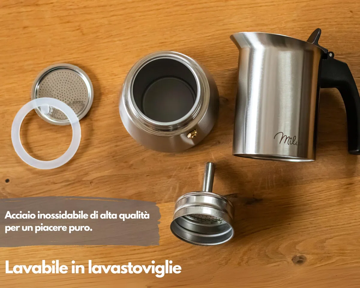 Milu Caffettiera Induzione | 2, 4, 6, 9 Tazze | Caffettiera Espresso in Acciaio Inox, Adatta all'Induzione, Set comprendente sottobicchiere, cucchiaio, spazzola (6 Tazze 300ml)