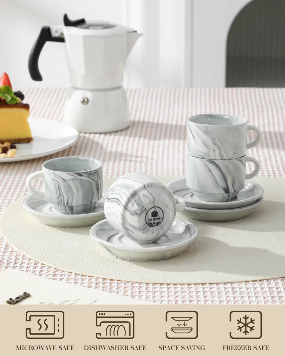 MALACASA Set di 4 tazze da espresso da 75 ml, a parete spessa con piattini e supporto, impilabili, tazze italiane in porcellana grigia, lavabili in lavastoviglie, serie regolare