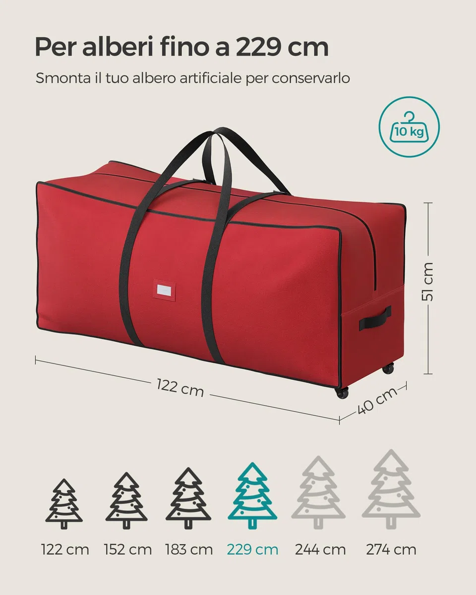SONGMICS Borsa per Albero di Natale con Ruote da 4 cm, Custodia per Albero fino a 229 cm, per Albero Smontabile, Maniglie Regolabili, Tessuto Oxford 600D, Rosso Ciliegia RXS004R03