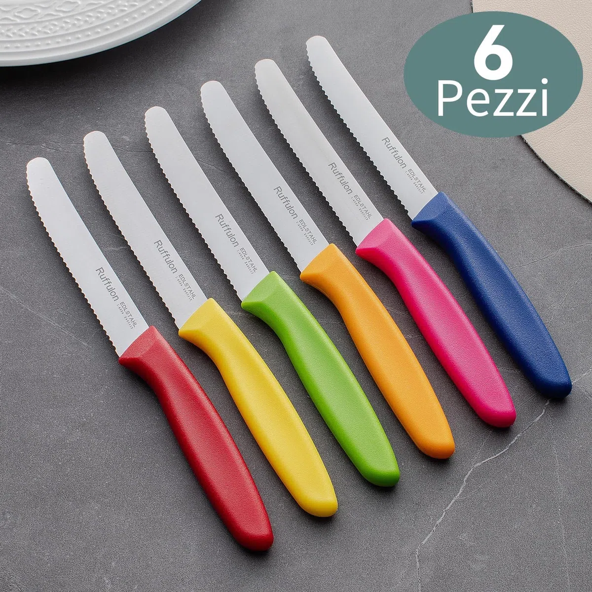 Set 6 pezzi di coltelli da tavola, robusti e durevoli, coltelli da cucina affilati, coltelli seghettati, coltelli da pane in acciaio inox, lavabili in lavastoviglie, colorati.