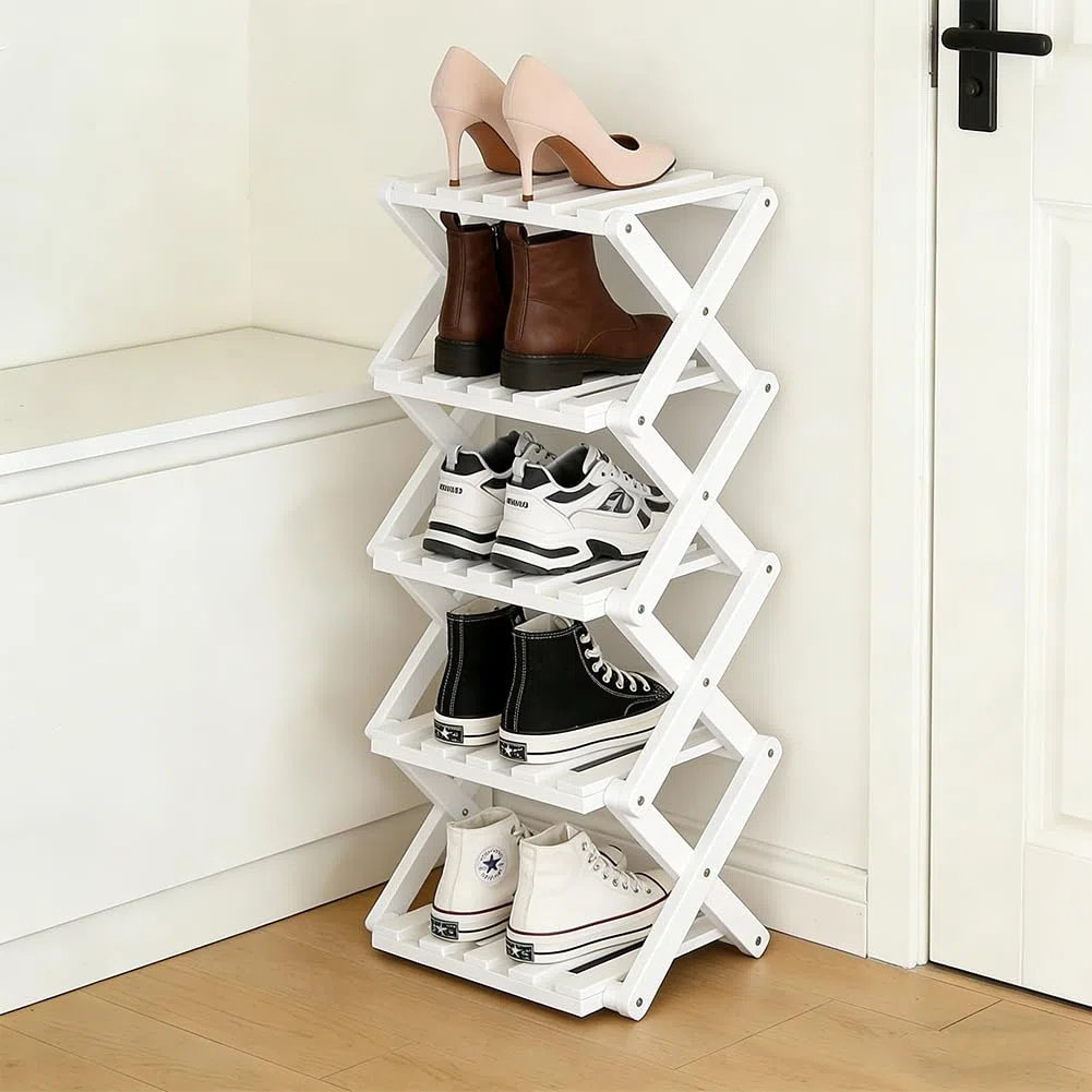 Scarpiera pieghevole in bambù, scarpiera verticale salvaspazio piccola, multifunzione, sottile, per ingresso, camera da letto, soggiorno, angolo (bianco, 5 livelli)