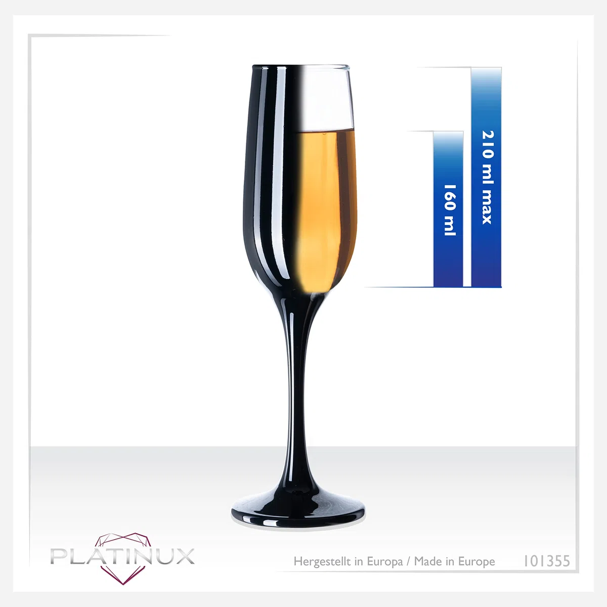 PLATINUX - Set di 6 bicchieri da spumante in vetro nero, design robusto, massimo 210 ml