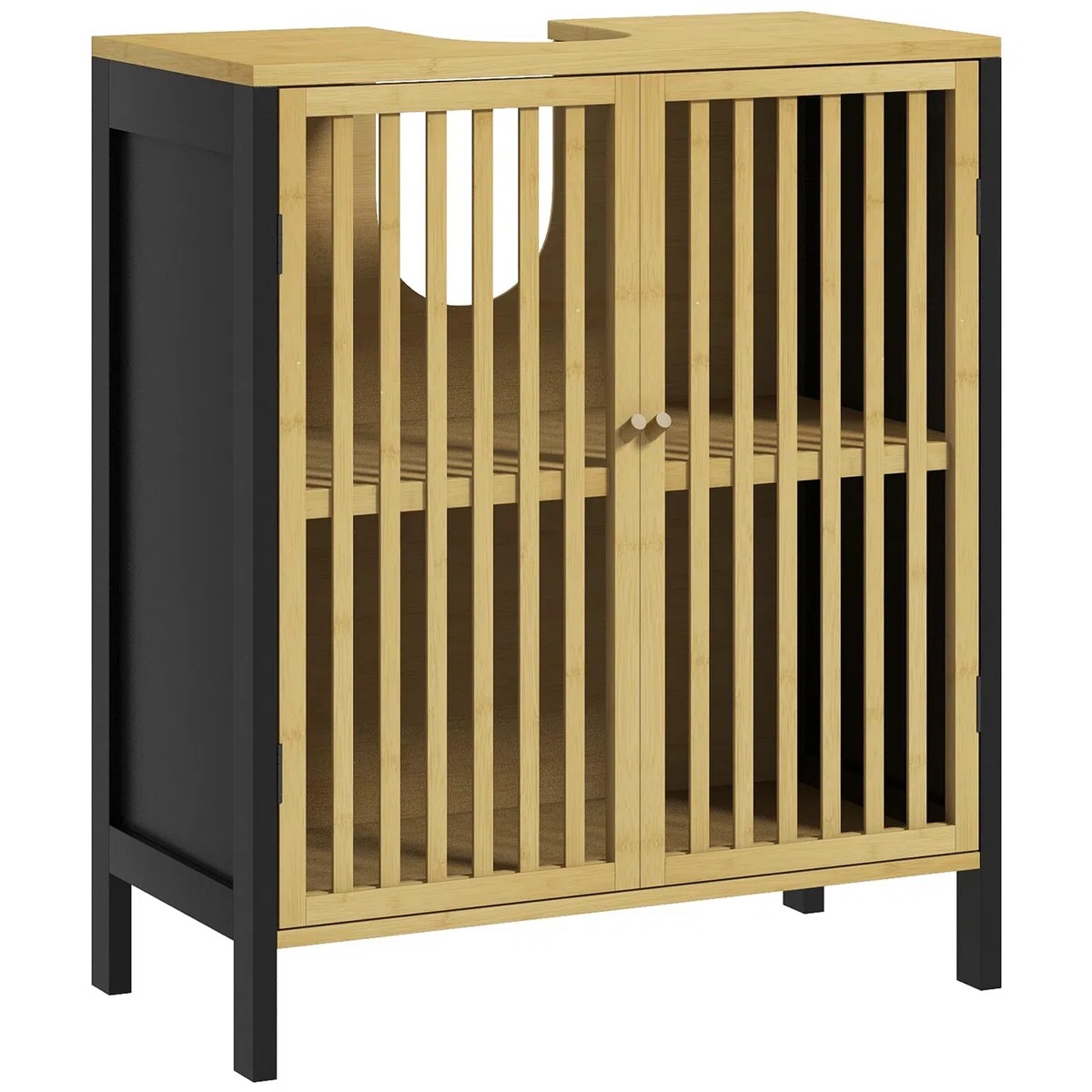 HOMCOM Mobile Sottolavabo Bagno con 2 Ante a Doghe, Armadietto Bagno in Legno di Bambù e MDF con Intaglio a U per Tubi, 60x30x70cm, Nero
