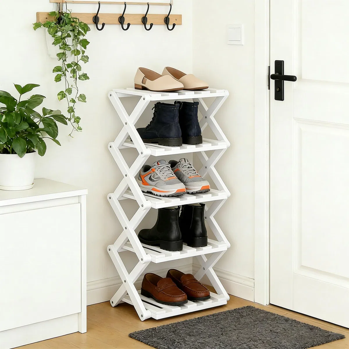 Scarpiera pieghevole, in bambù, piccola scarpiera verticale, per corridoi, soggiorno, piccoli spazi e angoli, non richiede installazione (bianco, 5 piani)