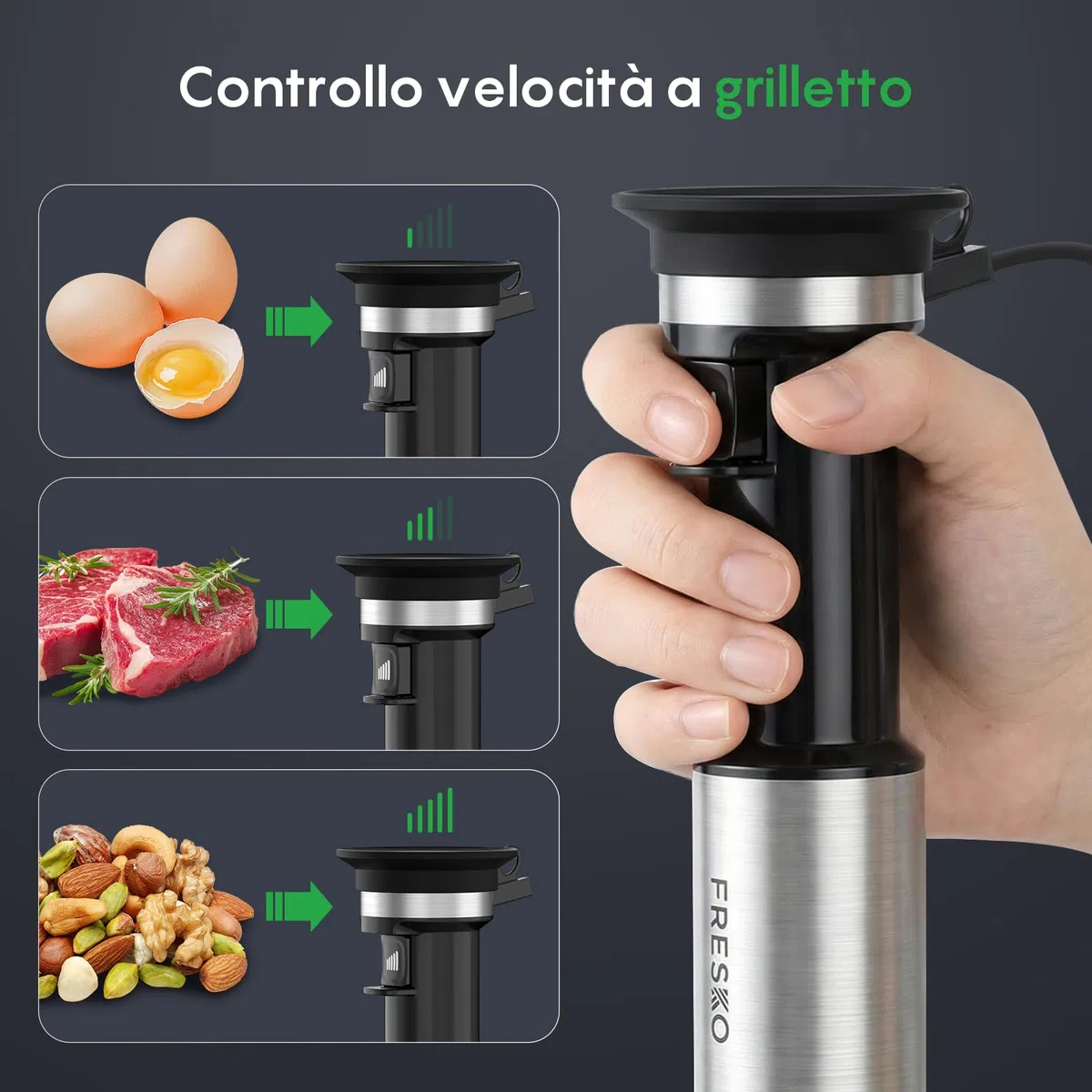 FRESKO Frullatore a Immersione 1000W, Frullatore in Acciaio Inox con Protezione per Pentole, Velocità Regolabili, Frullatore Manuale per Alimenti per Bambini, Zuppe, Frullati, Purè, Salse, Nero