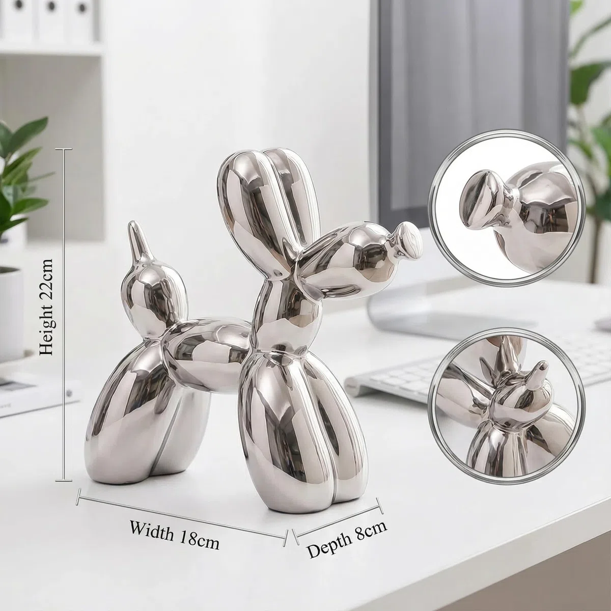 Cane Palloncino Scultura Ornamento Elettroplaccato, statua in ceramica lucida per soggiorno, camera da letto, vetrine e arredamento per ufficio, 22 * 18 * 8 cm, Argento