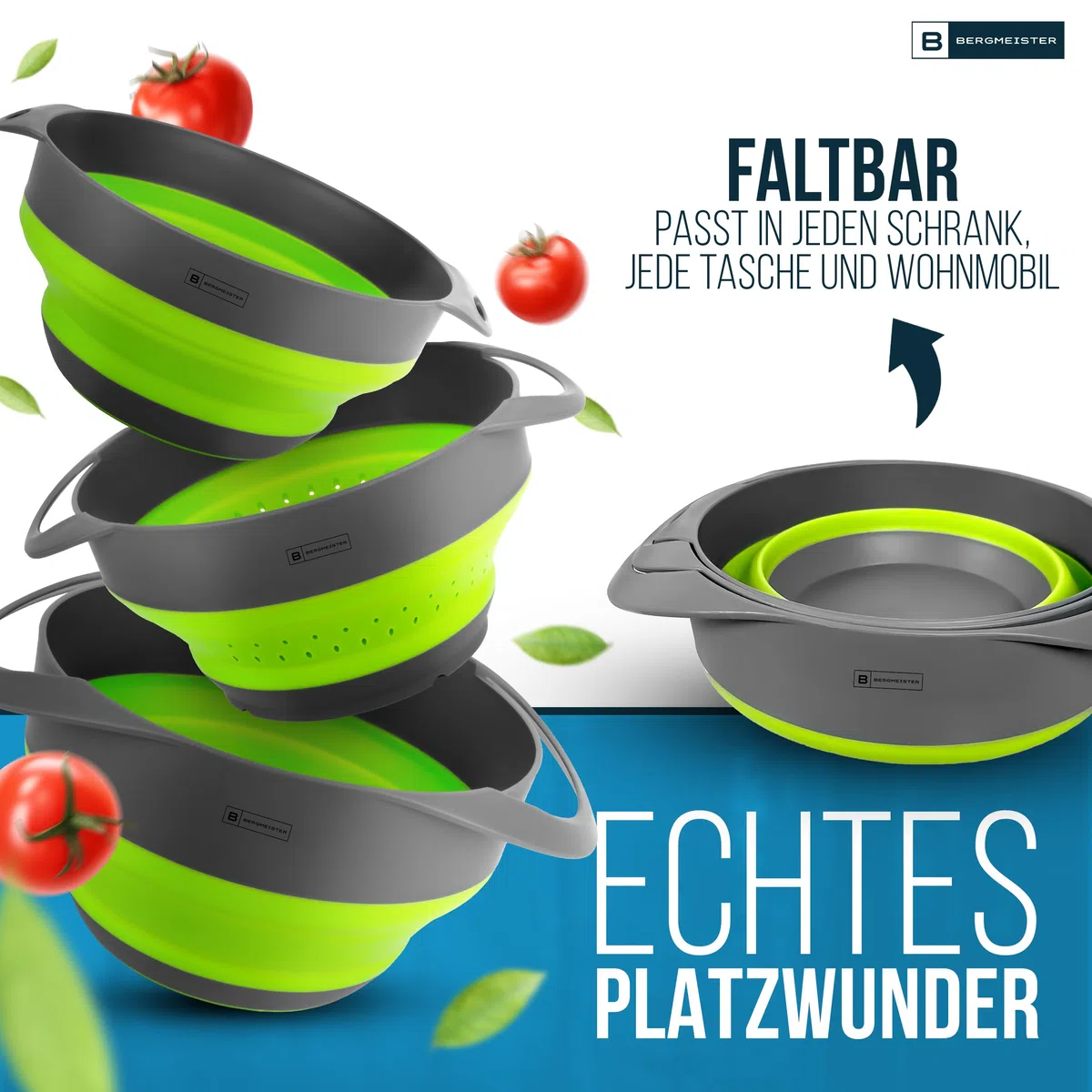 Set di ciotole pieghevoli 3 in 1 con colino / colino per pasta 1,7 l / 2,8 l - Multifunzione - Lavabile in lavastoviglie - Meraviglioso spazio per ogni casa e cucina da campeggio in pieno