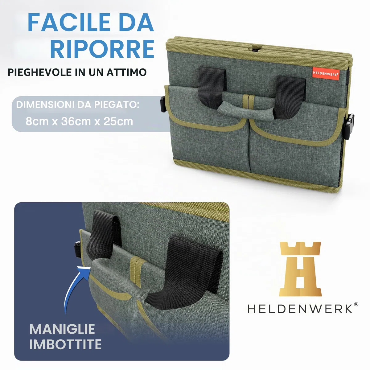 Heldenwerk Organizer per bagagliaio con coperchio stabile e antiscivolo Borsa pieghevole grande doppio fondo Scatola
