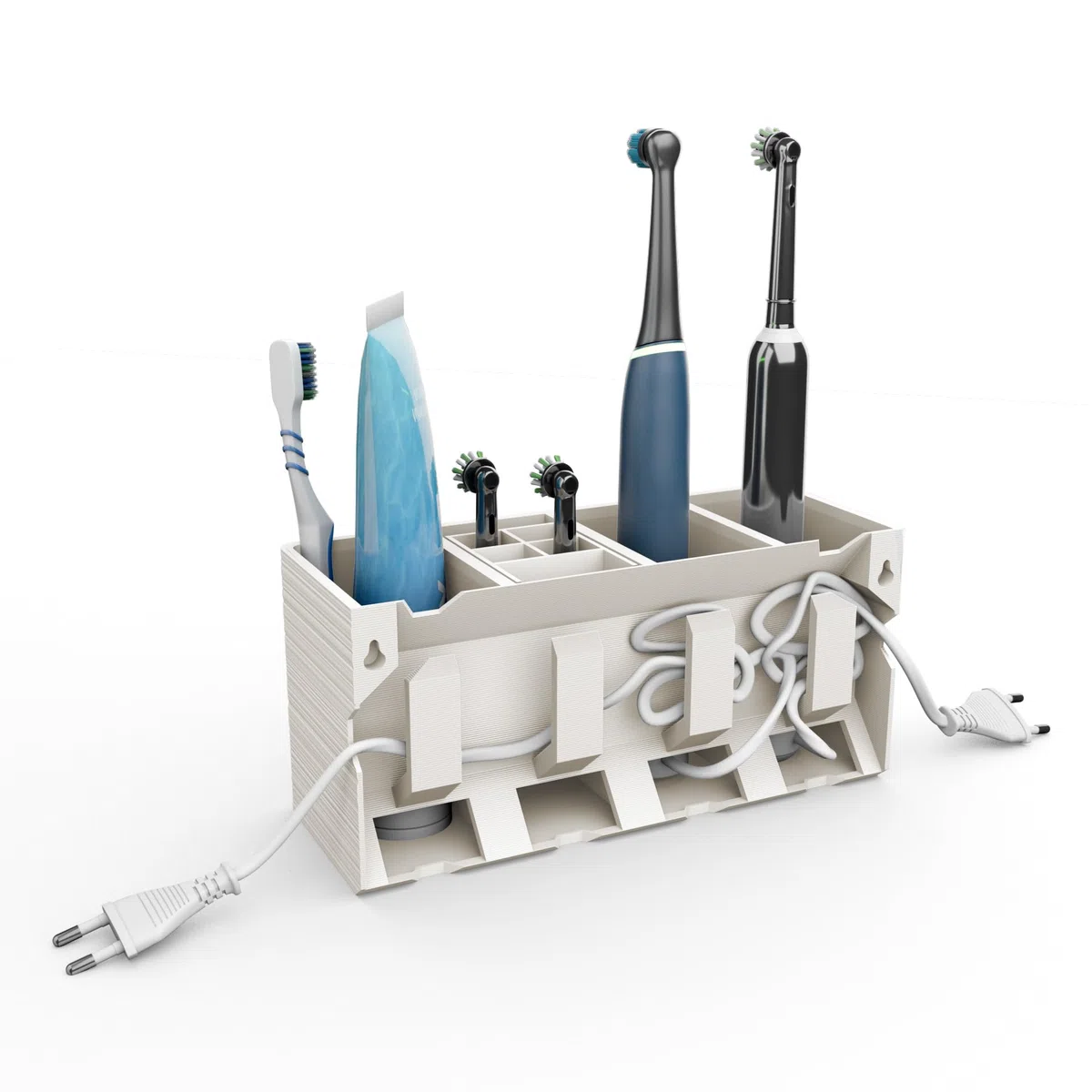 Portaspazzolino con gestione dei cavi per spazzolini elettrici, nasconde i cavi, 24,3 x 9,3 x 11,5 cm, con integrazione dei cavi, 4 scomparti, montaggio a parete o autoportante (bianco, 4 scomparti)