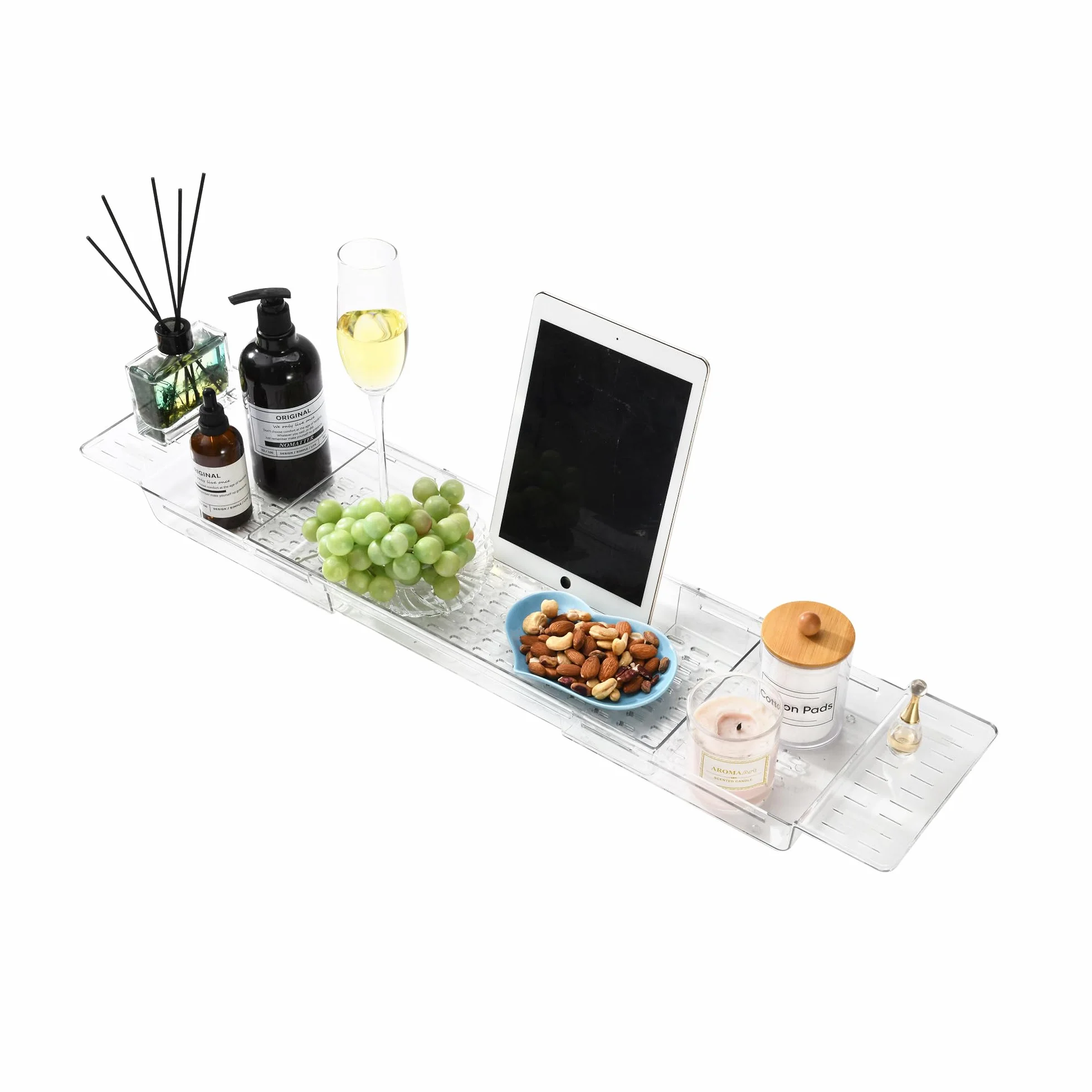 Vassoio Organizer Multifunzione per Vasca da Bagno, Portaoggetti Espandibile per Asciugamani, Candele, Bicchiere Vino - Trasparente