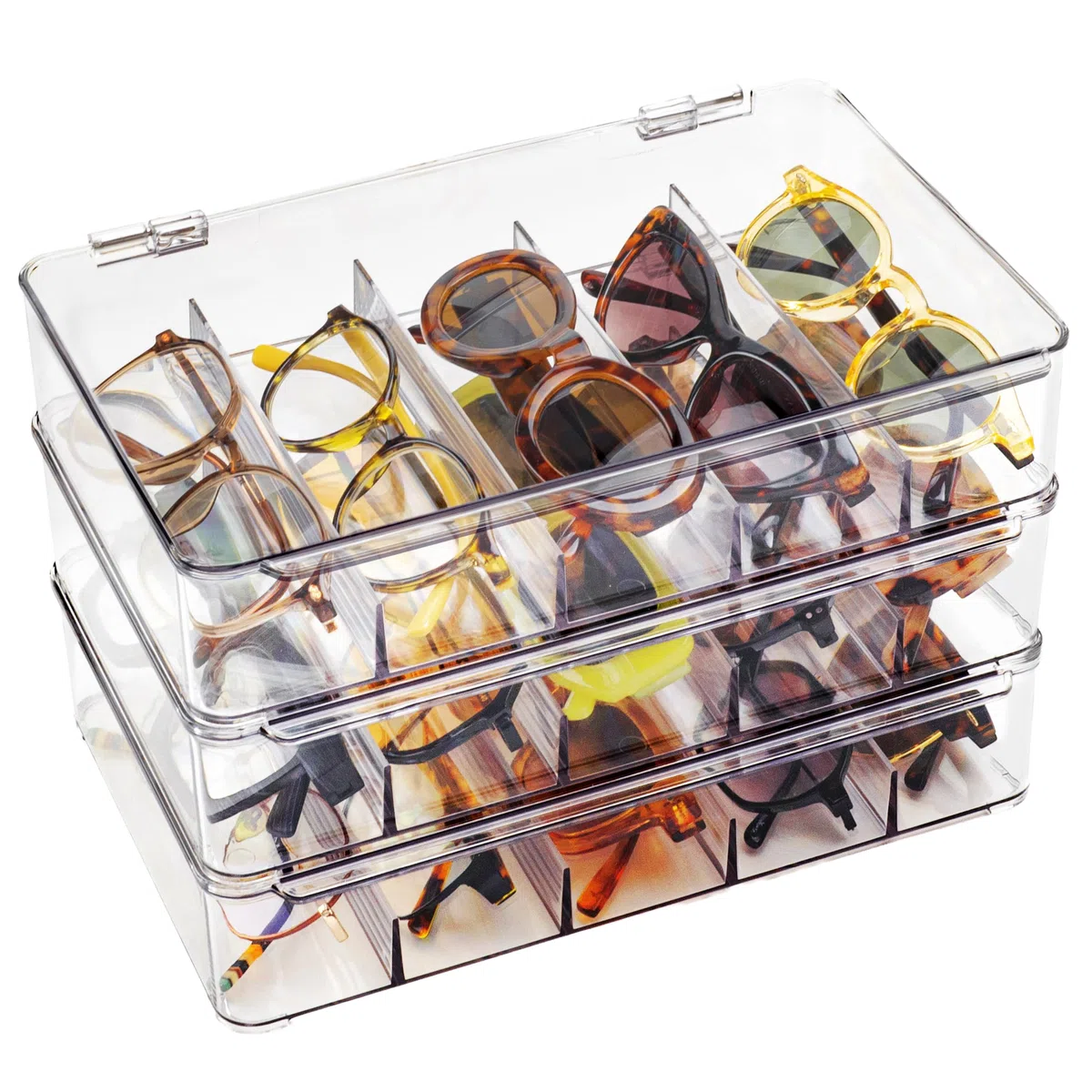 UCO Porta Occhiali 3Pezzi, Custodia Occhiali Organizer Cassetti, Salvaspazio Cassettiera da Scrivania per da Sole Orologi e Accessori, Elegante Scatola Porta Oggetti, Vetrinetta Espositiva