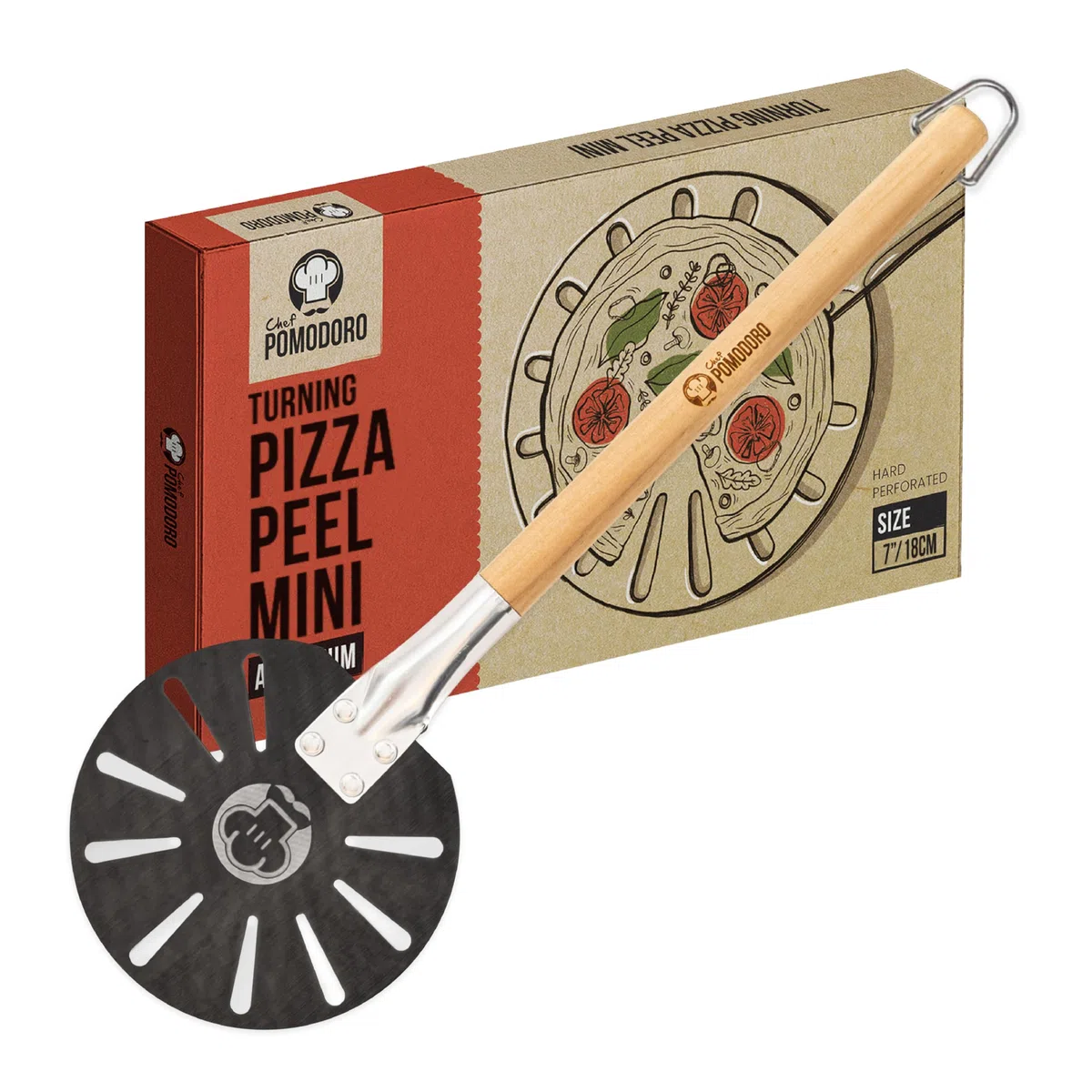 Chef Pomodoro Pala per pizza girevole da in alluminio con manico staccabile in legno, pala per pizza gourmet per pane e pizza (17,8 cm)