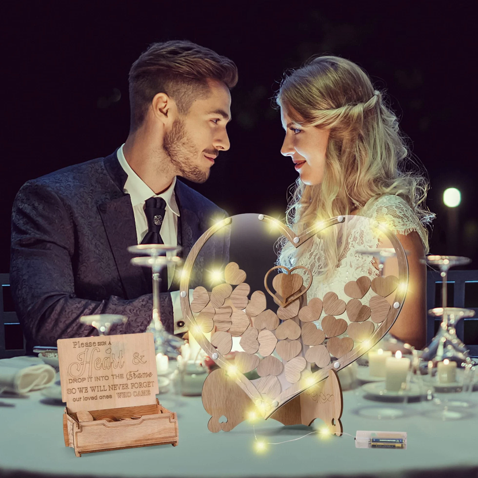 Arespark Libro degli Ospiti di Nozze, Set di Decorazioni per Matrimoni a Cuore in Legno, 100 Cuori in Legno, Scatola Portaoggetti, 2 Pennarelli, 2 Barre Luminose, Regalo, Decorazione