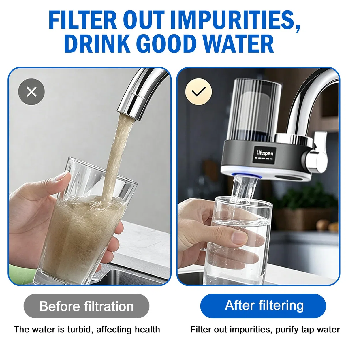 Filtro acqua per rubinetto con indicatore LED, filtro acqua potabile, filtro acqua potabile rimuove cloro, metalli pesanti, sterilizzazione UV (con 2 filtri) per cucina viaggio animali domestici