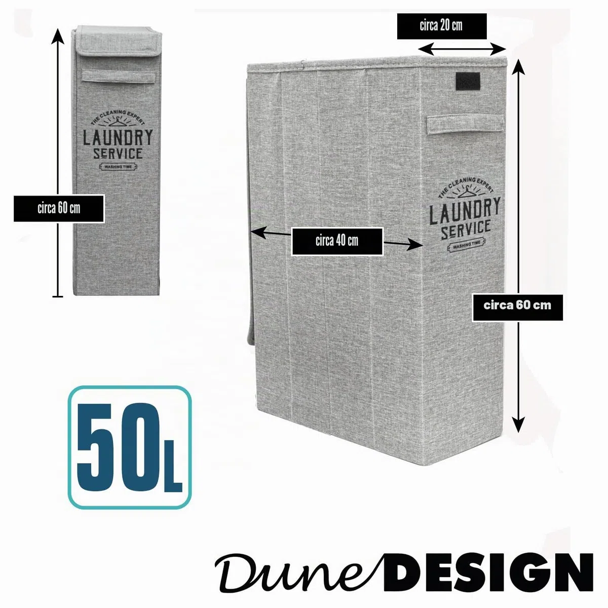 DuneDesign 20 cm Stretto: Cesta Portabiancheria con Coperchio - 20x40x60 Contenitore Alto e Stretto - 50L Cestino Portabiancheria Salvaspazio - Cesta Panni Sporchi - Porta Biancheria Sporca per Bagno