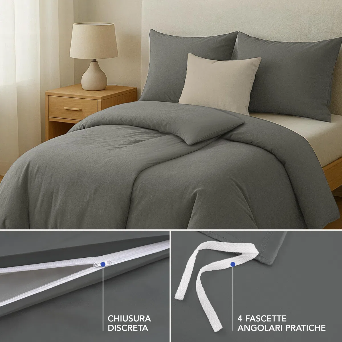 Dreamzie Copripiumino Singolo Cotone Rinforzato - Grigio Scuro - Copripiumino 2x 135x200 e 2x Federe 80x80 cm - Certificato Oeko-Tex - 4 Pezzi
