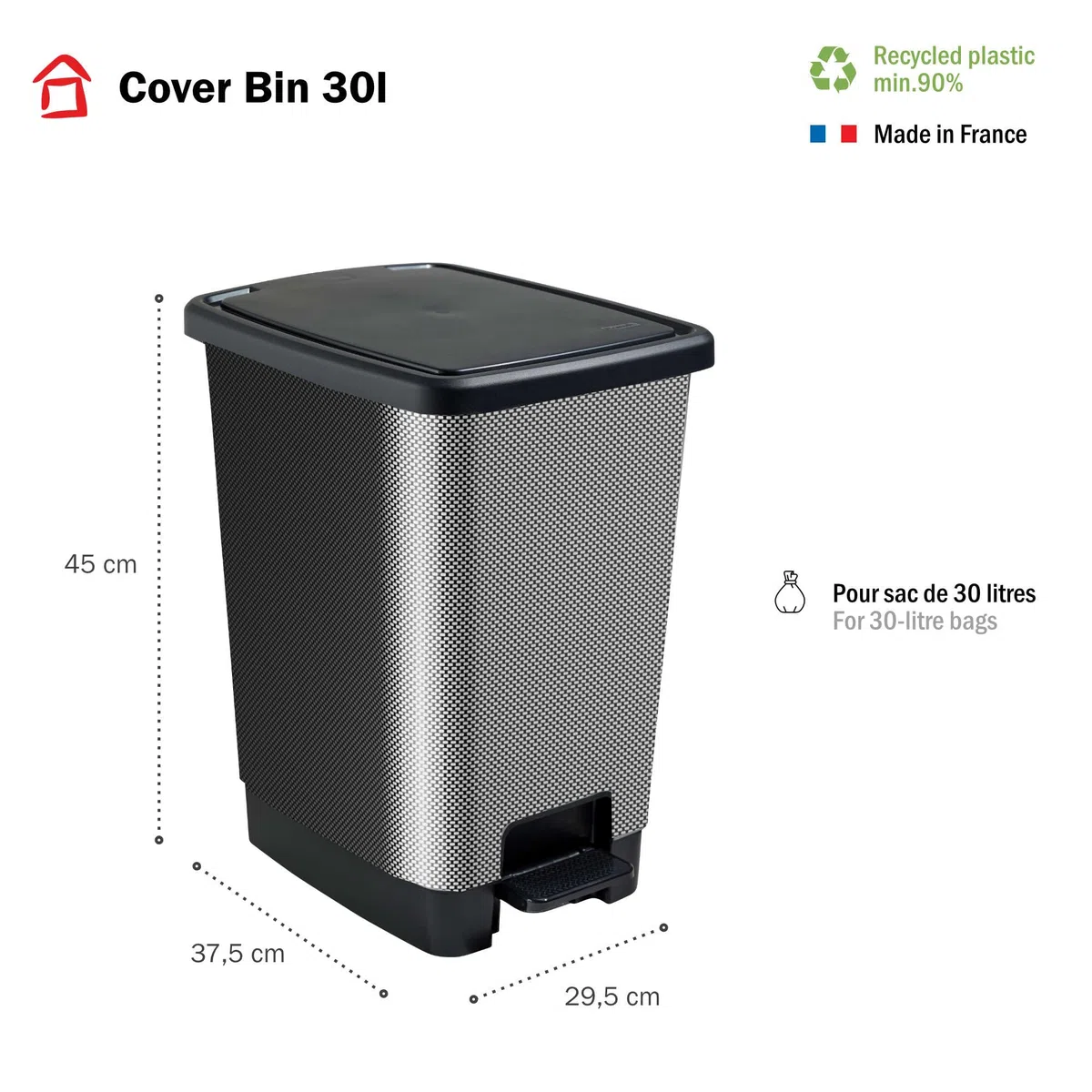 SUNDIS Cover Bin pattumiera con pedale, 30L, rettangolare, in plastica riciclata aspetto del carbonio con maniglie per appendere e nascondere la borsa per cucina, ufficio, lavanderia, garage, officina