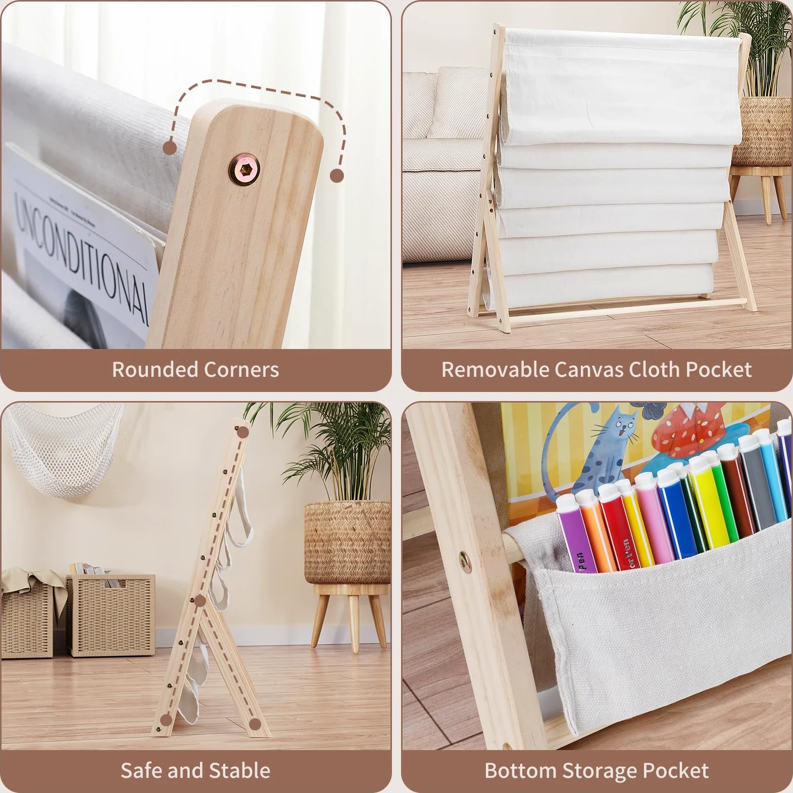 Libreria a 6 ripiani per bambini, facile accesso, in legno, con tasca, per camera da letto e sala giochi (beige)