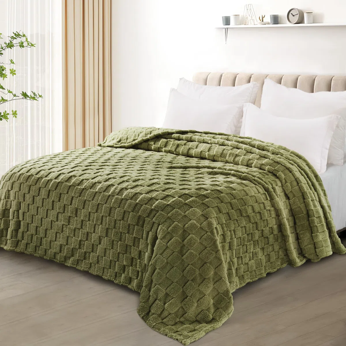Exclusivo Mezcla Coperta Plaid Pile di Flanella per Divano, 220x240 CM Coperta Letto Matrimoniale con Motivo a Scacchi, Morbida e Calda, Verde oliva