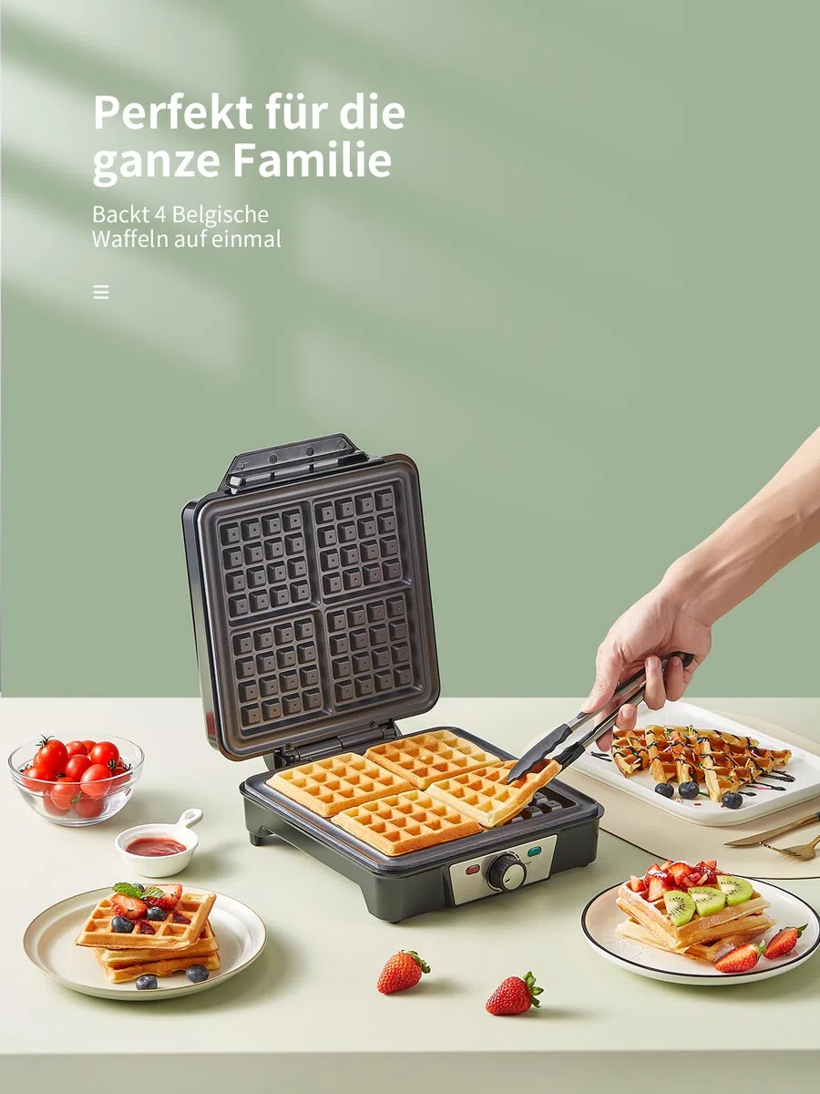 Piastra per waffle per 4 waffle belghe, 1200 W, con anti-troppopieno, regolatore abbronzatura, piastre antiaderenti e spie di controllo