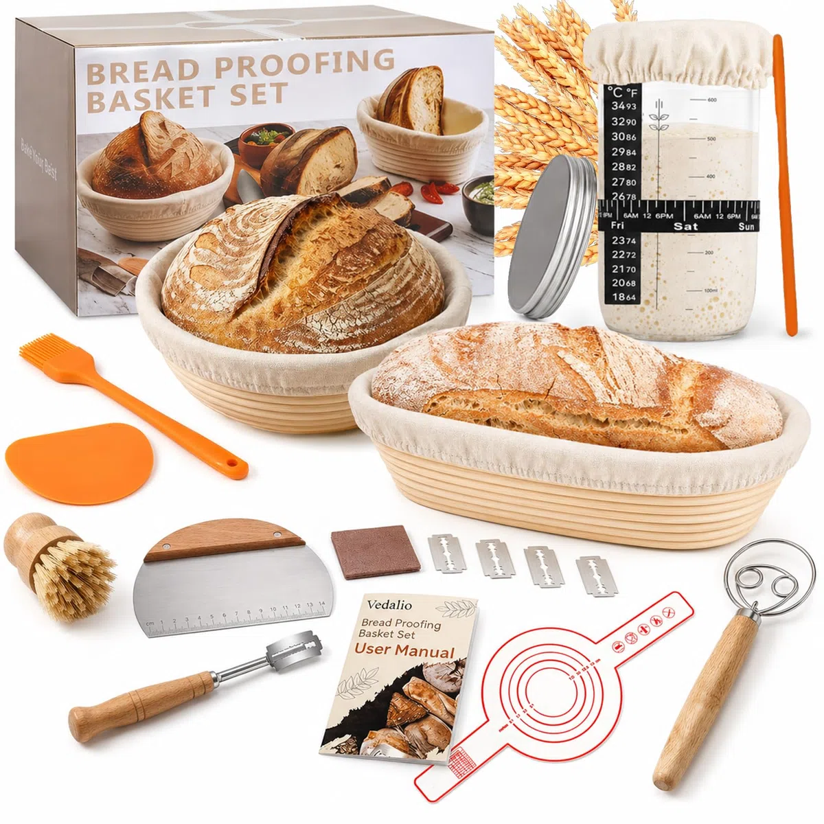Kit di Banneton per Pane, 17 Pezzi Kit Pane A Lievitazione con Cesto Rotondo Ovale, Mixer, Coltello da Pane, Kit Panetteria per Principianti e Panettieri