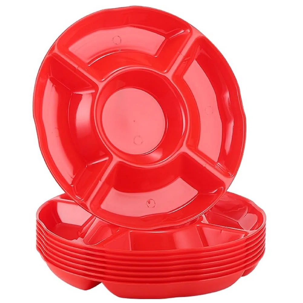 10 Pezzi di vassoi da Portata Rossi in plastica con Scomparti, Piatti per Il Ringraziamento con Separatori, Piatto con 5 Scomparti per Snack e Salse, Piatto per Noci e Frutta per Feste