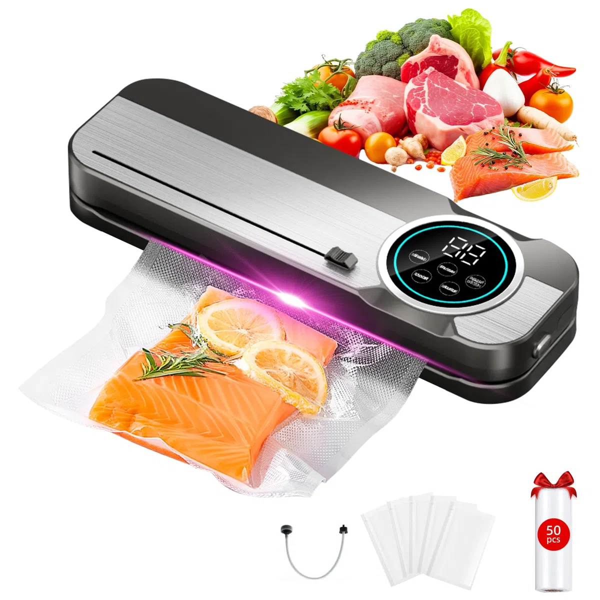 Macchina Sottovuoto Alimenti 6 in 1, Include 50 Sacchetti per Sottovuoto e 1 Tubo Per Contenitori, 75 Kpa, Sottovuoto Alimenti con Taglierina e Conto Alla Rovescia Digitale