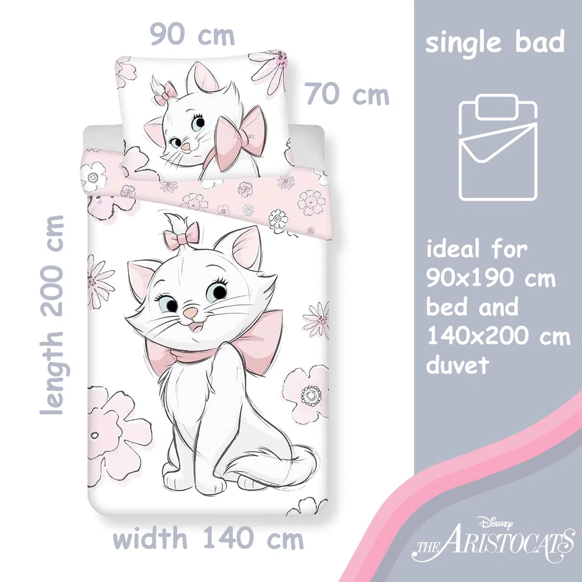 Jerry Fabrics Aristogatti Marie Flowers - Set copripiumino singolo e federa, 100% cotone, dimensioni europee, set copripiumino reversibile per bambini, comodo e traspirante, design carino