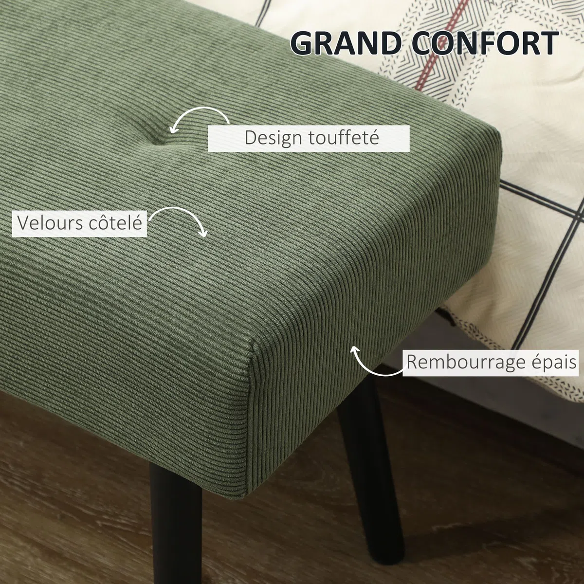 HOMCOM Panca per panca moderna con testiera imbottita in velluto a coste e gambe in acciaio nero, ideale per ingresso, soggiorno, camera da letto, carico 220 kg, 100 x 36 x 45 cm, verde