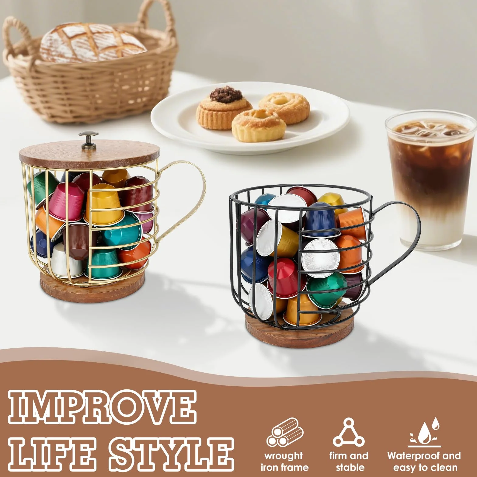 Buachois Porta Cialde Caffè,Cestelli Per Cialde Caffè, Base in Legno di Grande Capacità,Contenitore per Cialde Caffè, Contenitore in Filo Metallico Kup con Coperchio Per Bar Domestico(Nero)