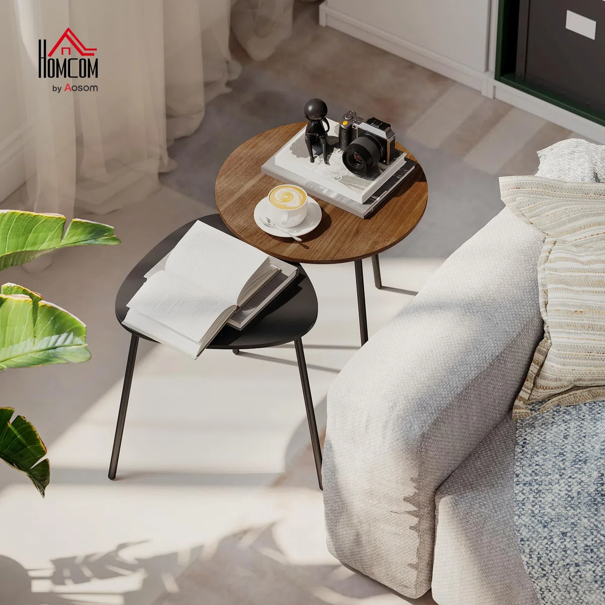 HOMCOM Set di 2 Tavolini da Salotto Impilabili, Tavolini Bassi con Telaio in Metallo per Soggiorno, Camera da Letto e Ufficio, Noce e Nero