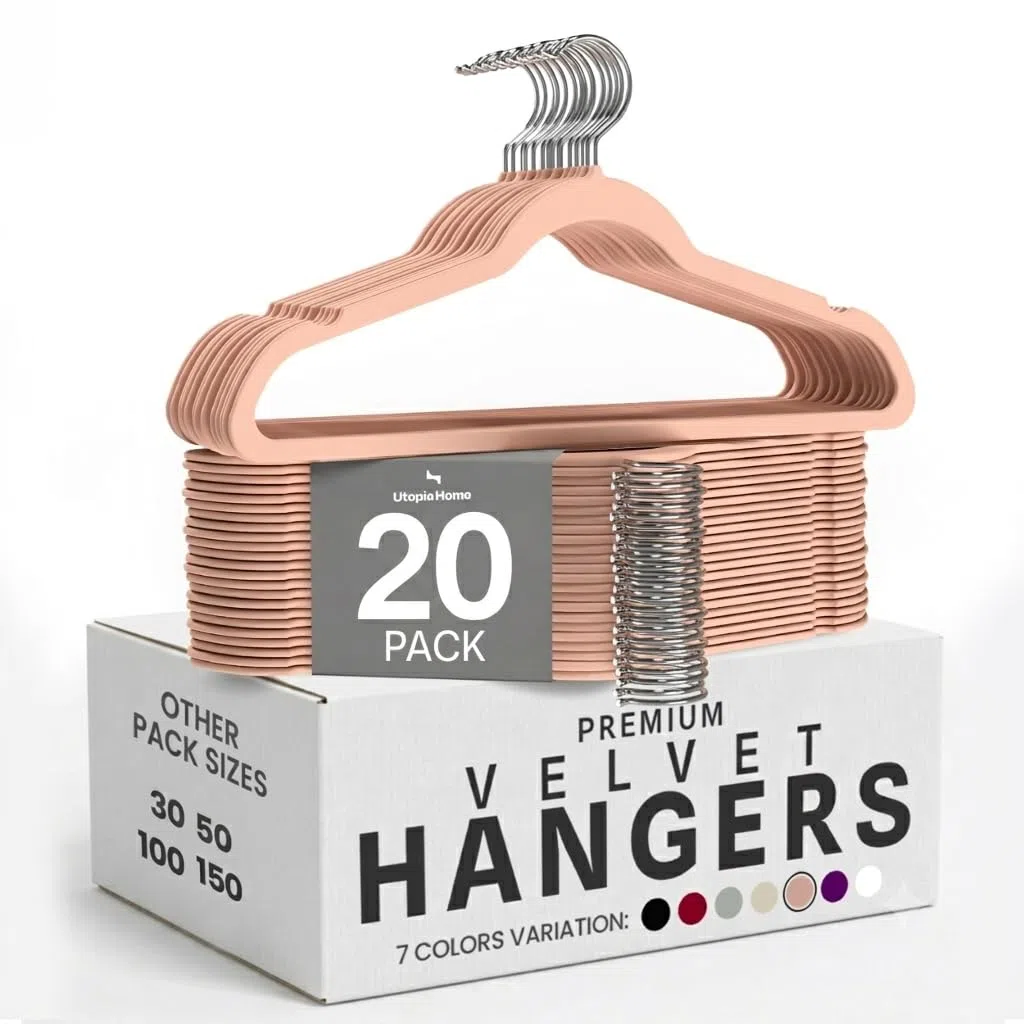 Utopia Home - Grucce in velluto - Antiscivolo e resistenti con barra per cravatte - Grucce salvaspazio per camicie, giacche e vestiti (Rosa, Confezione da 20)