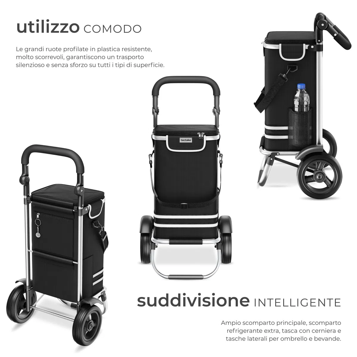 tectake® Carrello Spesa Shopper 3 in 1, Trolley Pieghevole con Borsa Termica per Surgelati, Carrello con Ruote Portatutto, Carrellino Spesa Con Ruote Scorrevoli, Capacità max 30 kg / 56L - Nero