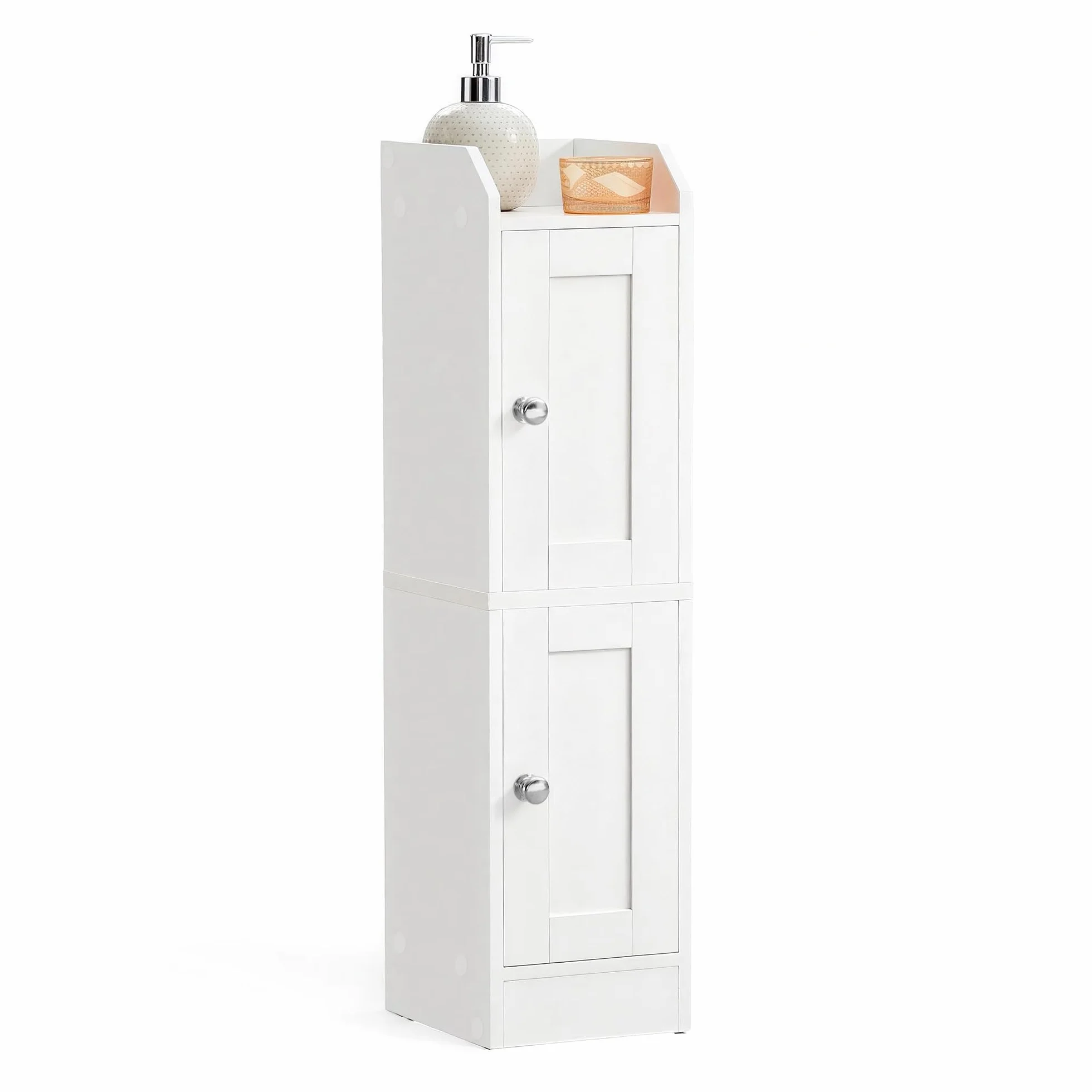 VASAGLE SIREN Collezione – Mobile da Bagno Stretto, Mobiletto da Pavimento Angolare, Porta Carta Igienica, Ripiani Regolabili, Ante da Aprire a Sinistra o a Destra, Bianco Nuvola BBK312WB02
