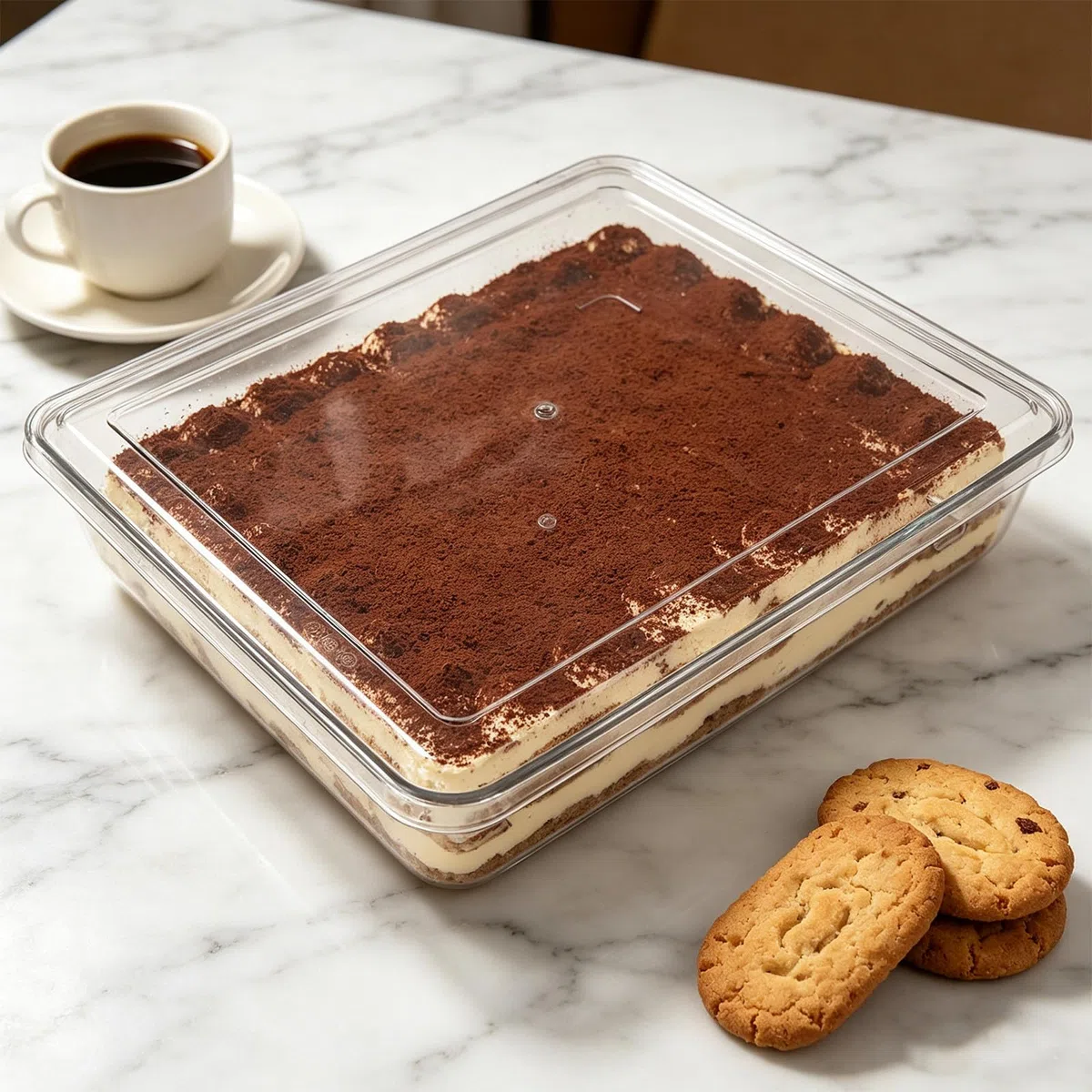 Teglia rettangolare per tiramisù: contenitore in plastica trasparente per tiramisù, cheesecake, mousse e pasticcini - 33x73 cm, impilabile, ideale per pasticcerie e feste.