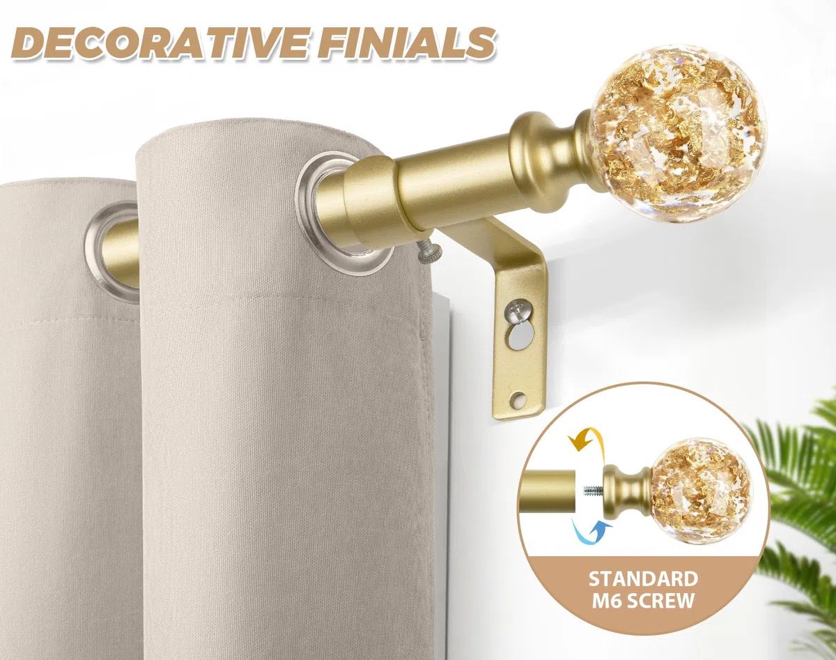 KAMANINA Bastone per Tende Estensibile da 80 a 292cm, Bastone per Tende Oro con Tappi Terminali Cristallo, Per Finestre Balconi Camere Da Letto