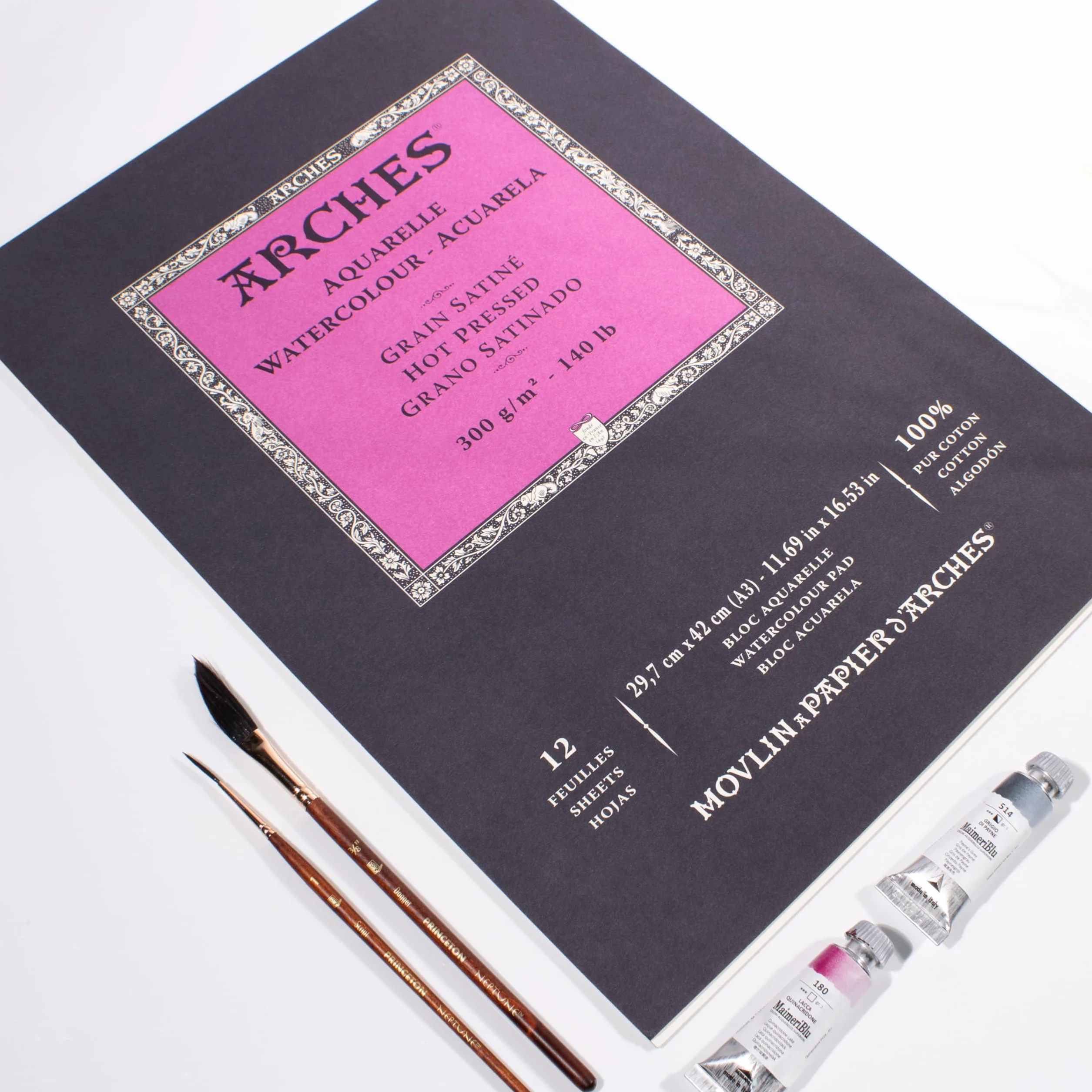Arches Aquarelle 100% Satin 300 g Blocco incollato A3 12 Fogli Bianco Naturale, Colore, A1795099