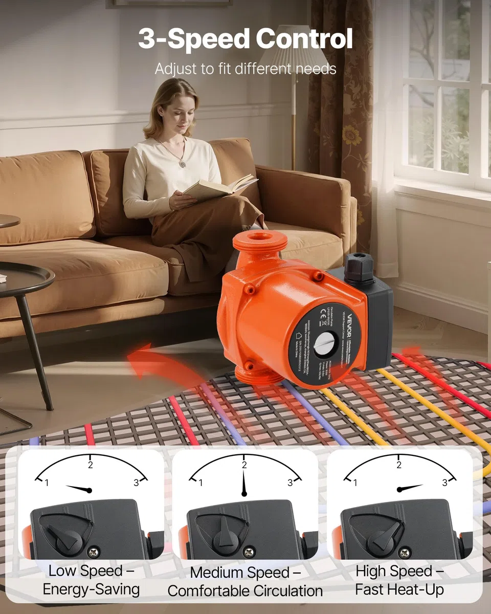 VEVOR Pompa di Circolazione in Ghisa LPS25-6S/130, 1/8 HP, 220-240 V, 55 LPM, Pompa di Circolazione per Acqua Calda, Attacco Filettato, Regolazione a 3 Velocità, per Impianto di Riscaldamento