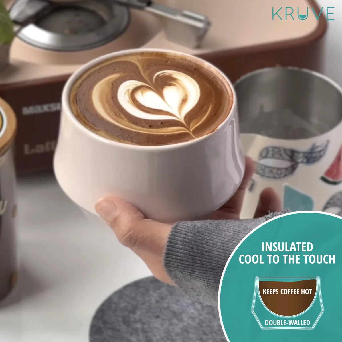 KRUVE Imagine - Tazza da latte in porcellana, a doppia parete, set da due, 141,7 g, colore: rosa