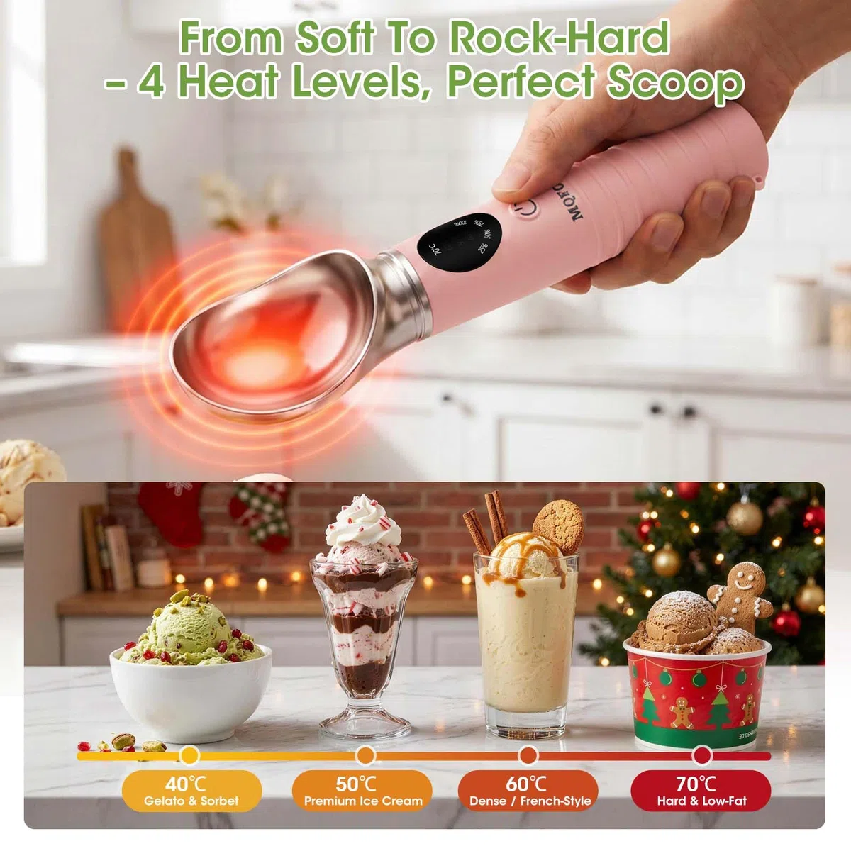 MQFORU Paletta per gelato riscaldata, paletta per gelato elettrica ricaricabile con display LED, calore portatile a 4 livelli 40-70° C, 2500 mAh per gelato duro, adatta per lavastoviglie (Rosa)