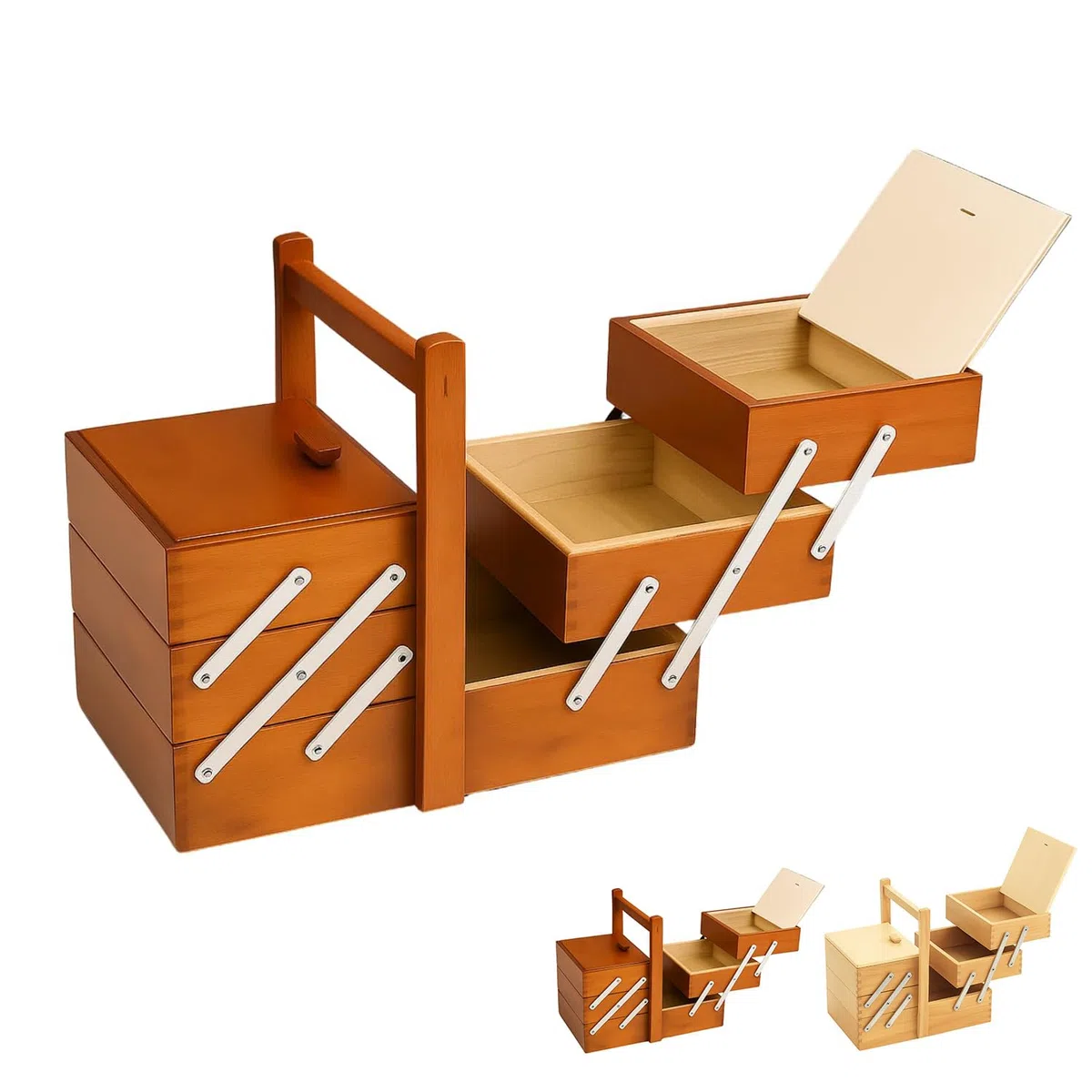 Paluplus Cestino portacucito in Legno a 3 Piani, Misura 34x23x29 cm, Scatola a Scaletta con maniglia e 5 Scomparti per accessori cucito, sartoria e fai da te, Made in Italy -015F -3,1 (Noce)
