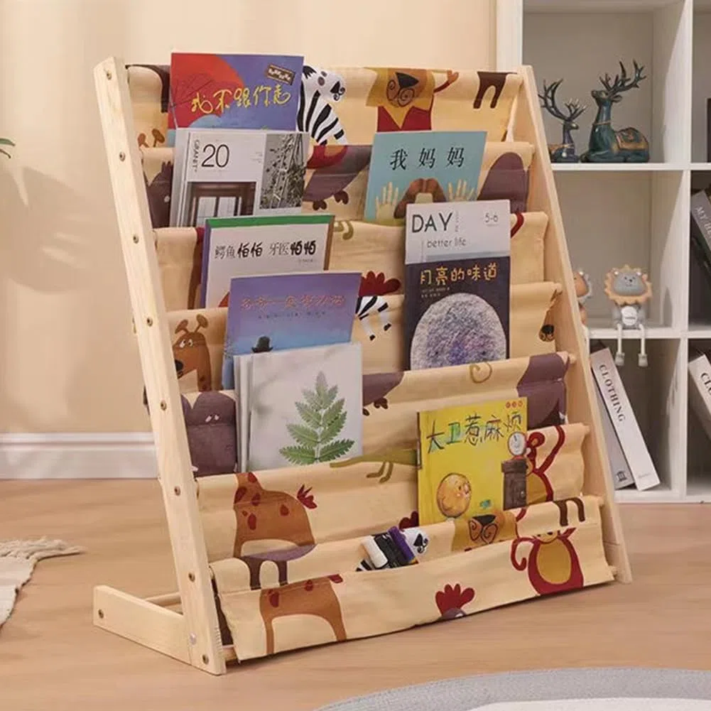 BAKAJI Libreria Montessoriana per Bambini in Legno Naturale e Tela,Portariviste a 6 Ripiani Salvaspazio,Scaffalatura Espositore da Cameretta,Dimensioni 60 x 30 x 80 cm, Porta Libri, Giochi (Legno)