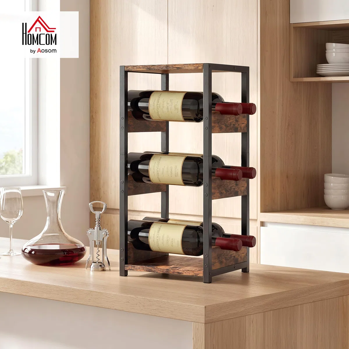 HOMCOM Portabottiglie Vino per 6 Bottiglie con Scaffali Ondulati, Porta Bottiglie di Vino Design Industriale, Piedini Regolabili per Cucina Soggiorno, Marrone Rustico