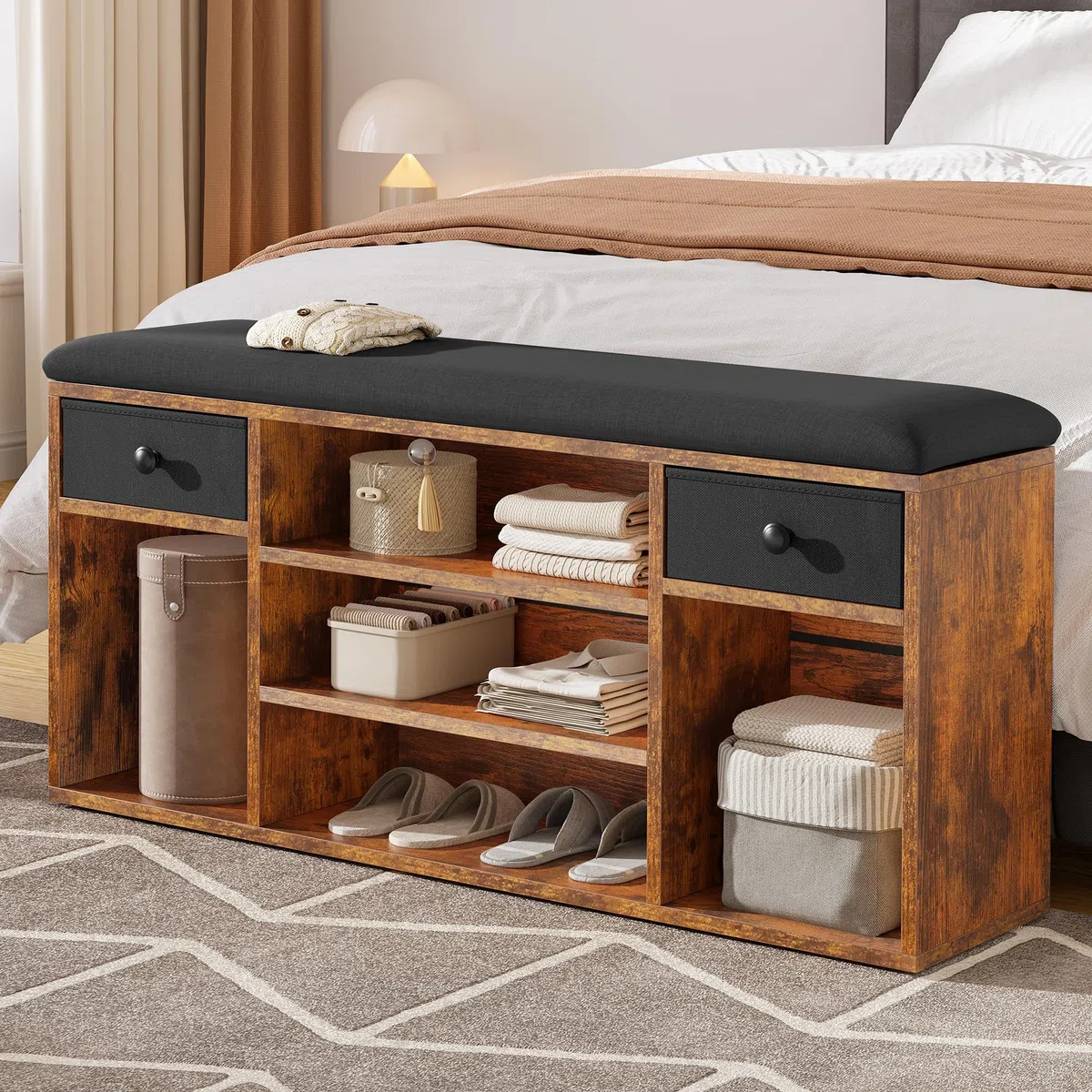 YITAHOME Panca Scarpiera, Scarpiera Ingresso con Sedile Imbottito, Panca Contenitore con 2 Cassetto e Scomparti Aperti, per Ingresso, Soggiorno, Camera da Letto, 30x105x50 cm, Marrone e Nero