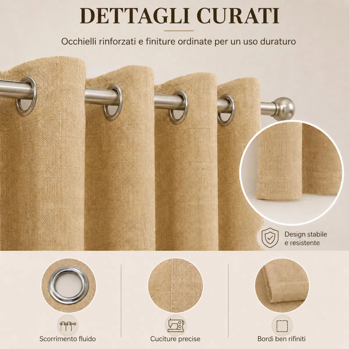 VKZ Tende Semitrasparenti Effetto Lino con Occhielli, Set da 2 Pannelli, Tende per Interni Soggiorno Camera da Letto Cucina, 140 x 290 cm,Beige