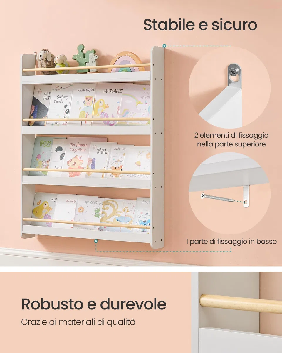 SONGMICS Libreria Montessoriana per Bambini, Scaffale per Giocattoli a 4 Ripiani, Libreria da Parete, Mobile per Cameretta Stanza dei Giochi, Bianco e Naturale GKR014W01