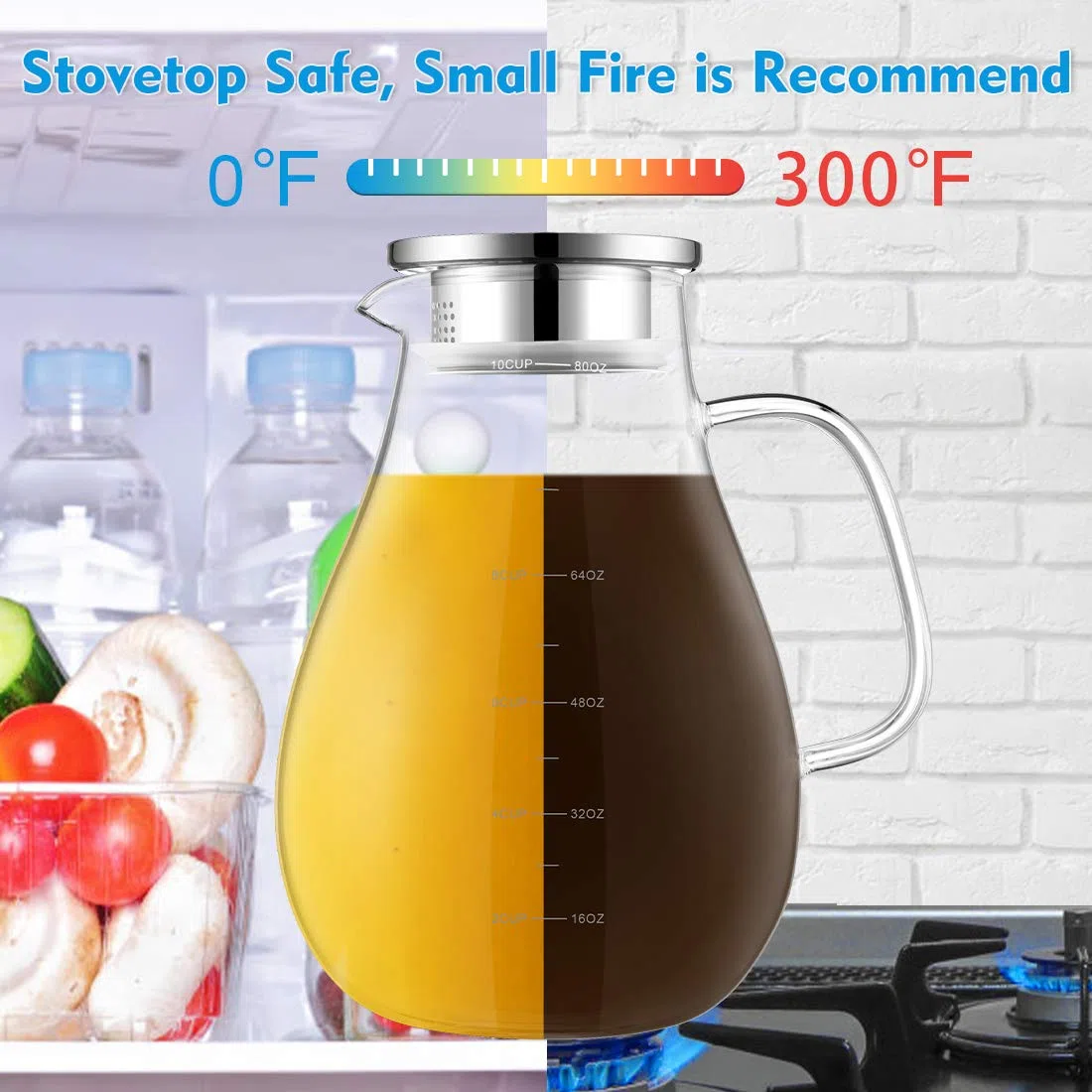 Caraffa Vetro Borosilicato, Brocca 2,4 Litri con Coperchio,per Acqua con Pennello, per Latte, Succhi, Tè Freddo