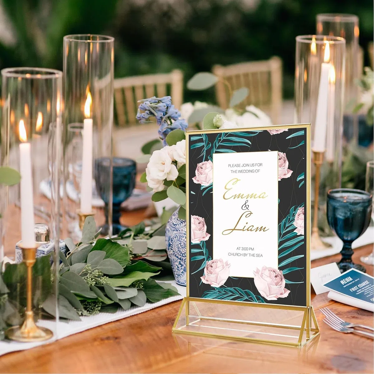 12 espositori da tavolo trasparenti formato A6, 10 x 15 cm, in acrilico, per matrimonio, con bordo dorato, formato A6, supporto doppio a T, per foto, caffè, ristorante, uffici